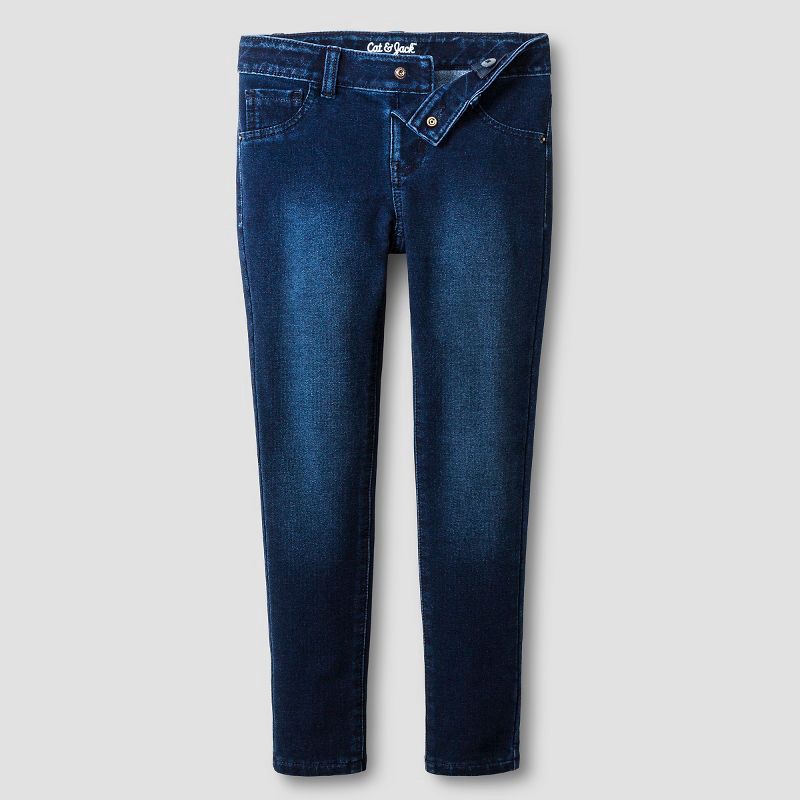 slide 3 of 4, Girls' Mid-Rise Soft Knit Jeggings - Cat & Jack™ Dark Wash XL: Cotton Blend, Adjustable Waistband, Machine Washable, 1 ct