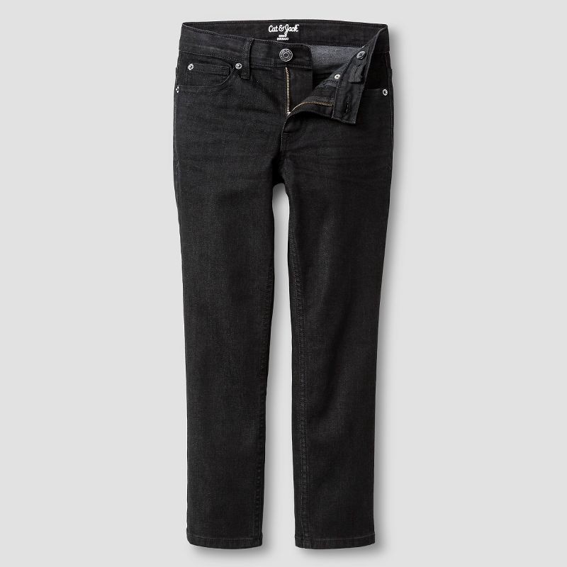 slide 7 of 8, Boys' Stretch Skinny Fit Jeans - Cat & Jack™ Black Wash 12: Denim, Adjustable Waistband, Mid Rise, 1 ct