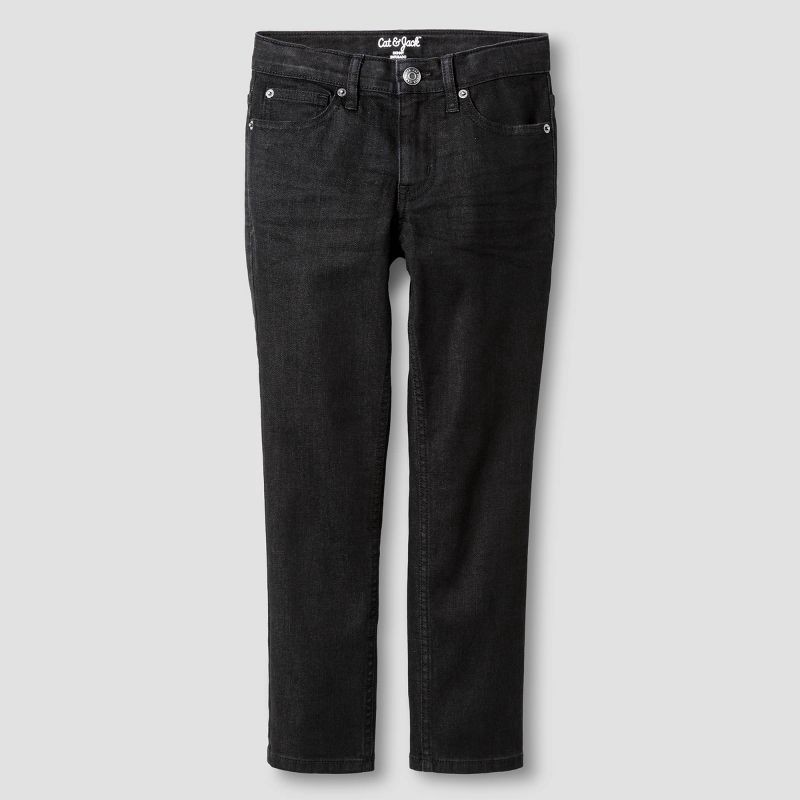 slide 8 of 8, Boys' Stretch Skinny Fit Jeans - Cat & Jack™ Black Wash 14: Denim, Adjustable Waistband, Mid Rise, 1 ct