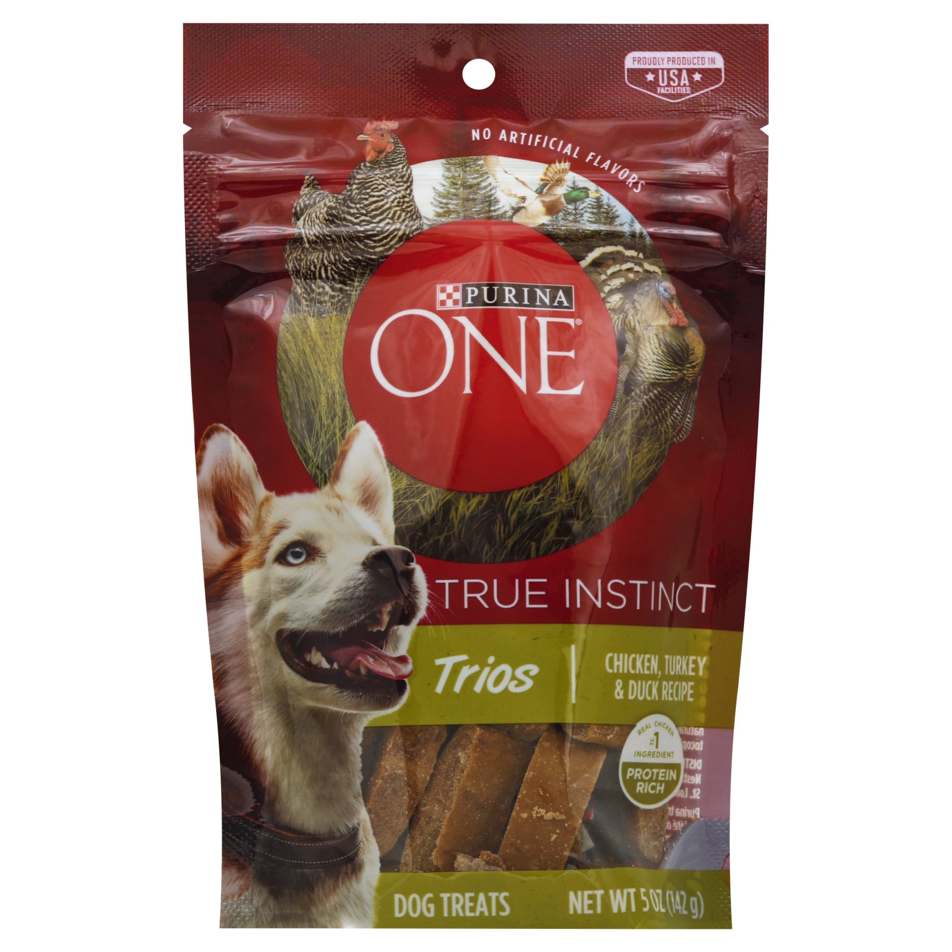 slide 1 of 1, Purina One True Instinct Trios Chicken, Turkey & Duck Recipe Dog Treats, 5 oz