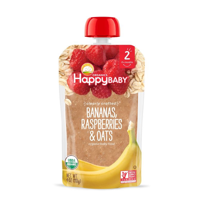 slide 1 of 6, Happy Family Happy Baby Organics Clearly Crafted Stage 2 Bananas, Raspberries & Oats 4oz, 4 oz