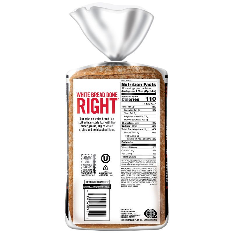 slide 8 of 8, Dave's Killer Bread Organic White Bread Done Right - 24oz, 24 oz