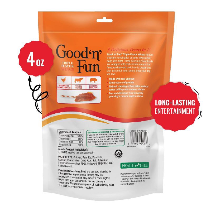 slide 4 of 12, Good 'n' Fun Triple Flavor Wings Rawhide Beef, Chicken and Pork Flavor Dog Treats - 4oz, 4 oz