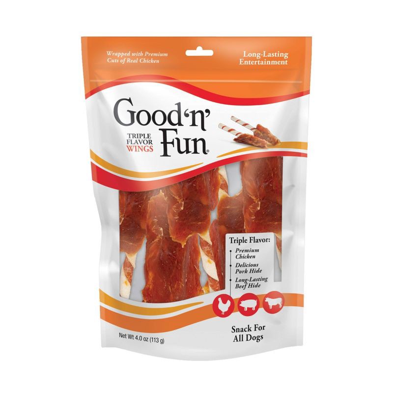 slide 1 of 10, Good 'n' Fun Triple Flavor Wings Rawhide Beef, Chicken and Pork Flavor Dog Treats - 4oz, 4 oz