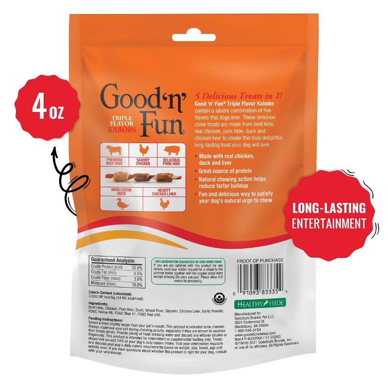 slide 11 of 11, Good 'n' Fun Triple Flavor Pork, Beef and Chicken Kabobs Long Lasting Rawhide Dog Treats - 4oz, 4 oz