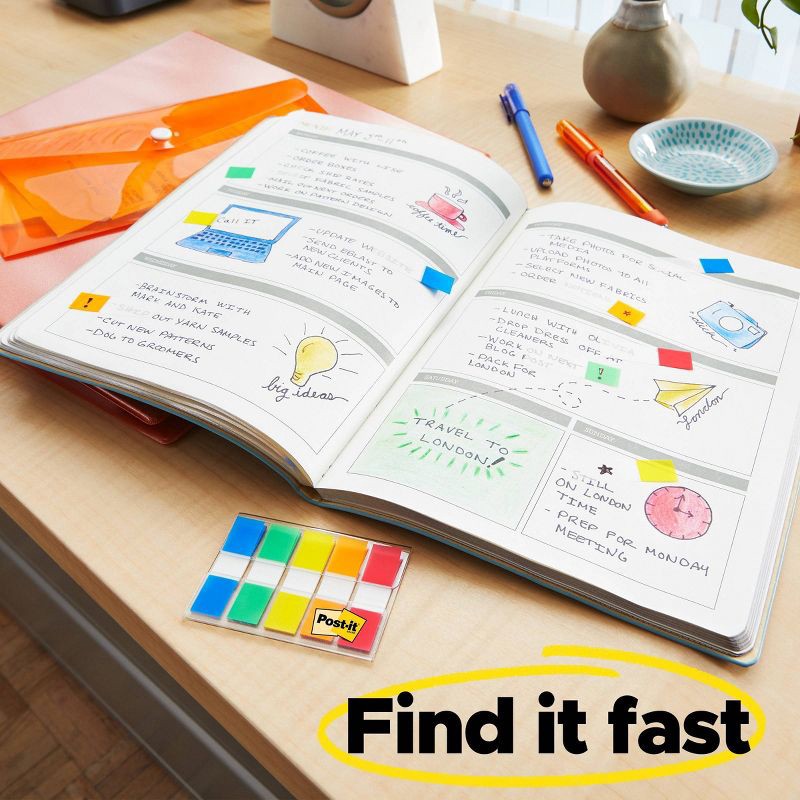 slide 9 of 11, Post-it 60ct .47" Wide Flags with On-the-Go Dispenser - Electric Glow Collection: Multicolor Office Supplies, Removable File Tabs, 60 ct