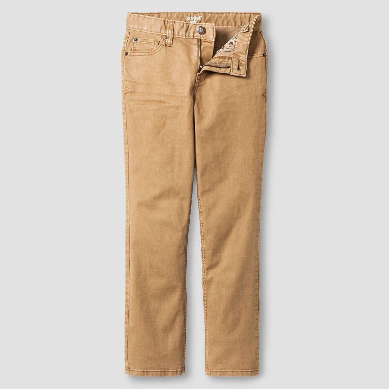 slide 5 of 5, Boys' Stretch Straight Fit Jeans - Cat & Jack™ Khaki Wash 10: Midweight Denim, Adjustable Waistband, Machine Washable, 1 ct