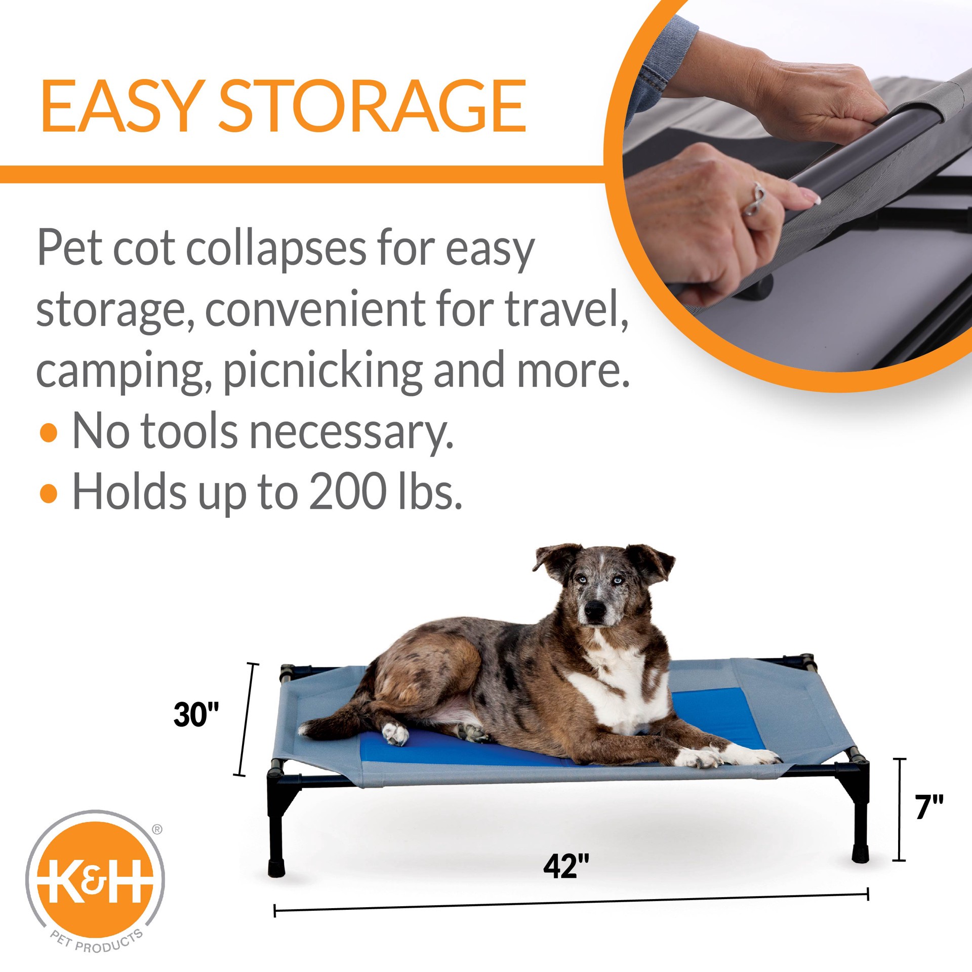 slide 8 of 10, K & H K&H Pet Products Coolin' Pet Cot Elevated Pet Bed Gray/Blue Large 30 X 42 X 7 Inches, 30 in