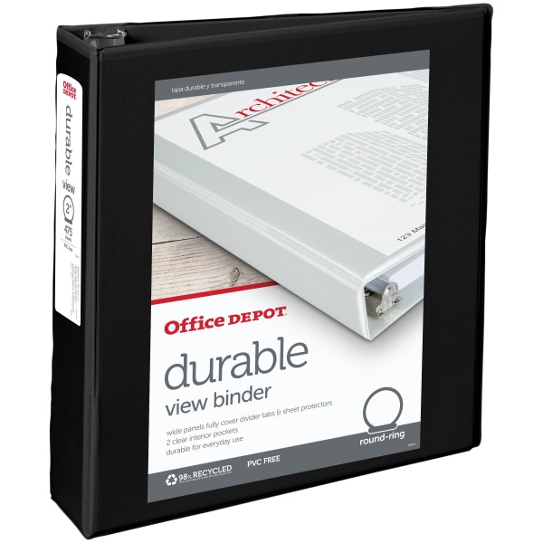 slide 1 of 5, Office Depot Brand Durable View Round-Ring Binder, 2'' Rings, Black, 1 ct