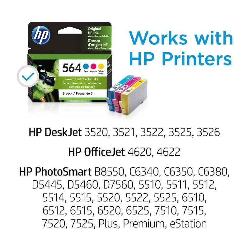 slide 9 of 15, HP Inc. HP 564 C/M/Y 3pk Ink Cartridges - Cyan, Magenta, Yellow (N9H57FN#140): Standard Yield Series, 3 ct