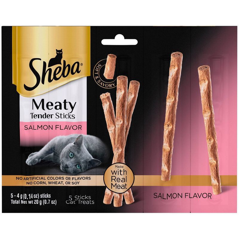 slide 1 of 7, Sheba Meaty Tender Sticks Salmon Flavor Jerky Cat Treats - 0.7oz/5ct, 0.7 oz, 5 ct