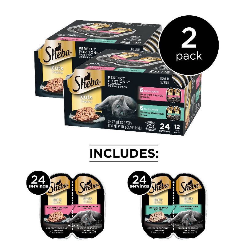 slide 6 of 9, Sheba Perfect Portions Cuts In Gravy Salmon & Sustainable Tuna Premium Wet Cat Food Salmon & Tuna Entrée - 2.6oz/12ct Variety Pack, 2.6 oz, 12 ct