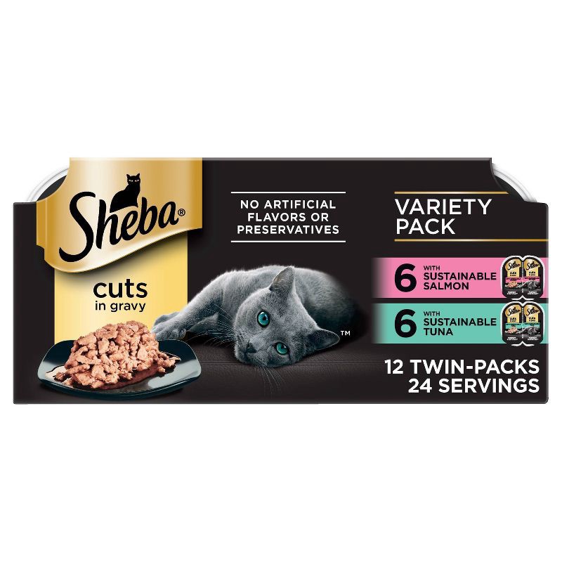 slide 1 of 13, Sheba Perfect Portions Cuts in Gravy Salmon, Seafood, Gravy and Tuna Flavor Variety Pack Wet Cat Food - 2.6oz/12ct, 2.6 oz, 12 ct