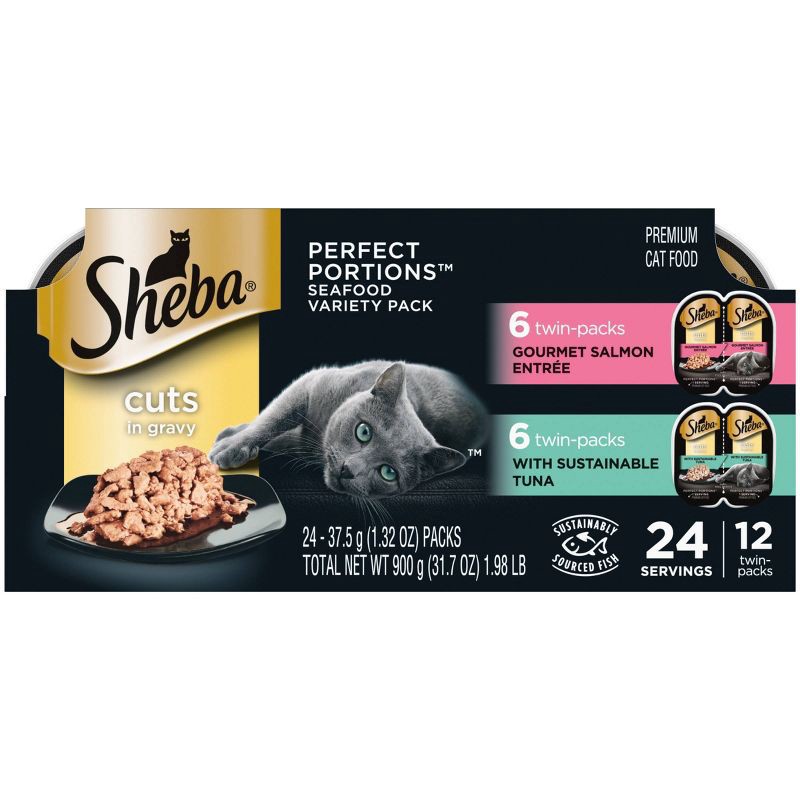 slide 1 of 9, Sheba Perfect Portions Cuts In Tuna, Gravy, Seafood, Salmon Flavor Entrée Premium Wet Cat Food - 2.6oz/12ct Variety Pack, 2.6 oz, 12 ct