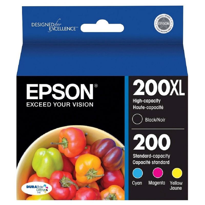 slide 1 of 5, Epson 200XL Black, 200 C/M/Y Combo 4pk Ink Cartridges - Black, Cyan, Magenta, Yellow (T200XL-BCS), 4 ct