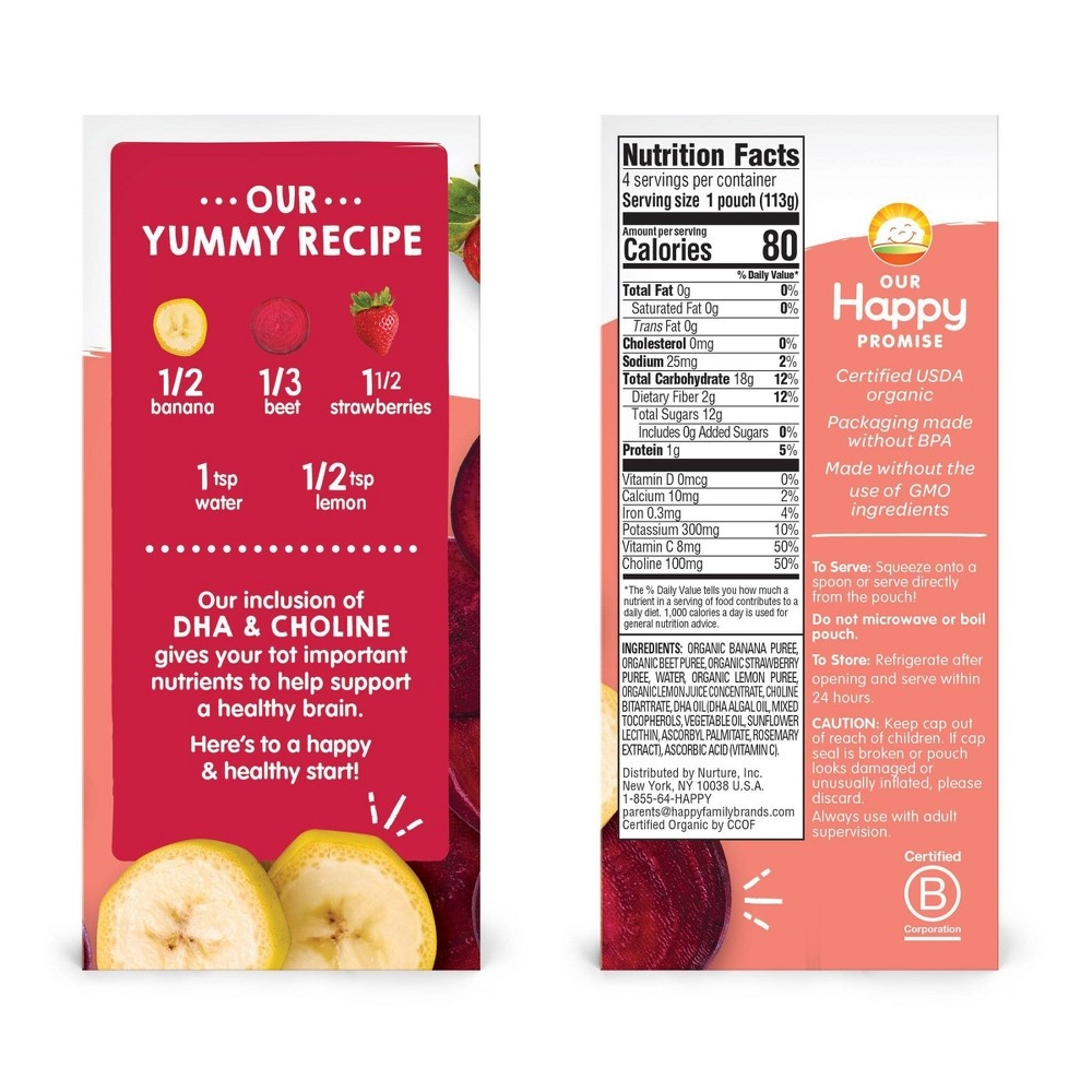 slide 2 of 4, Happy Family HappyTot Super Smart Organic Bananas Beets & Strawberries Baby Food Pouch, 4 ct, 16 oz