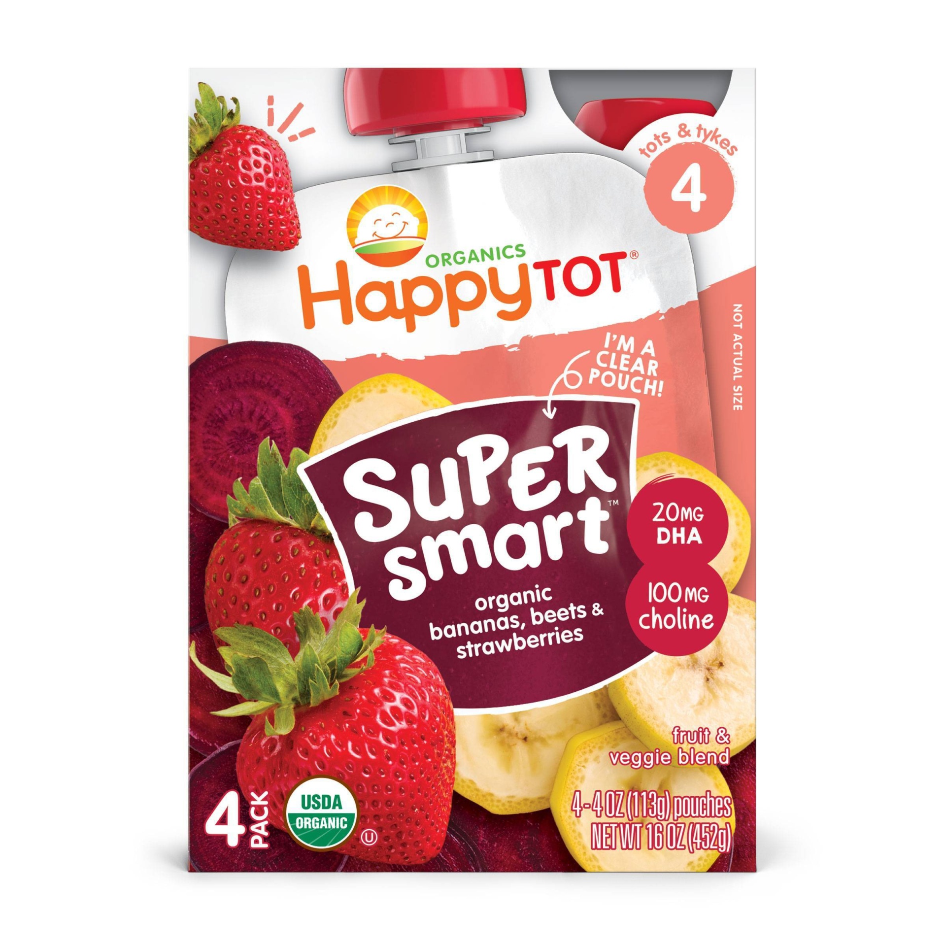 slide 1 of 4, Happy Family HappyTot Super Smart Organic Bananas Beets & Strawberries Baby Food Pouch, 4 ct, 16 oz