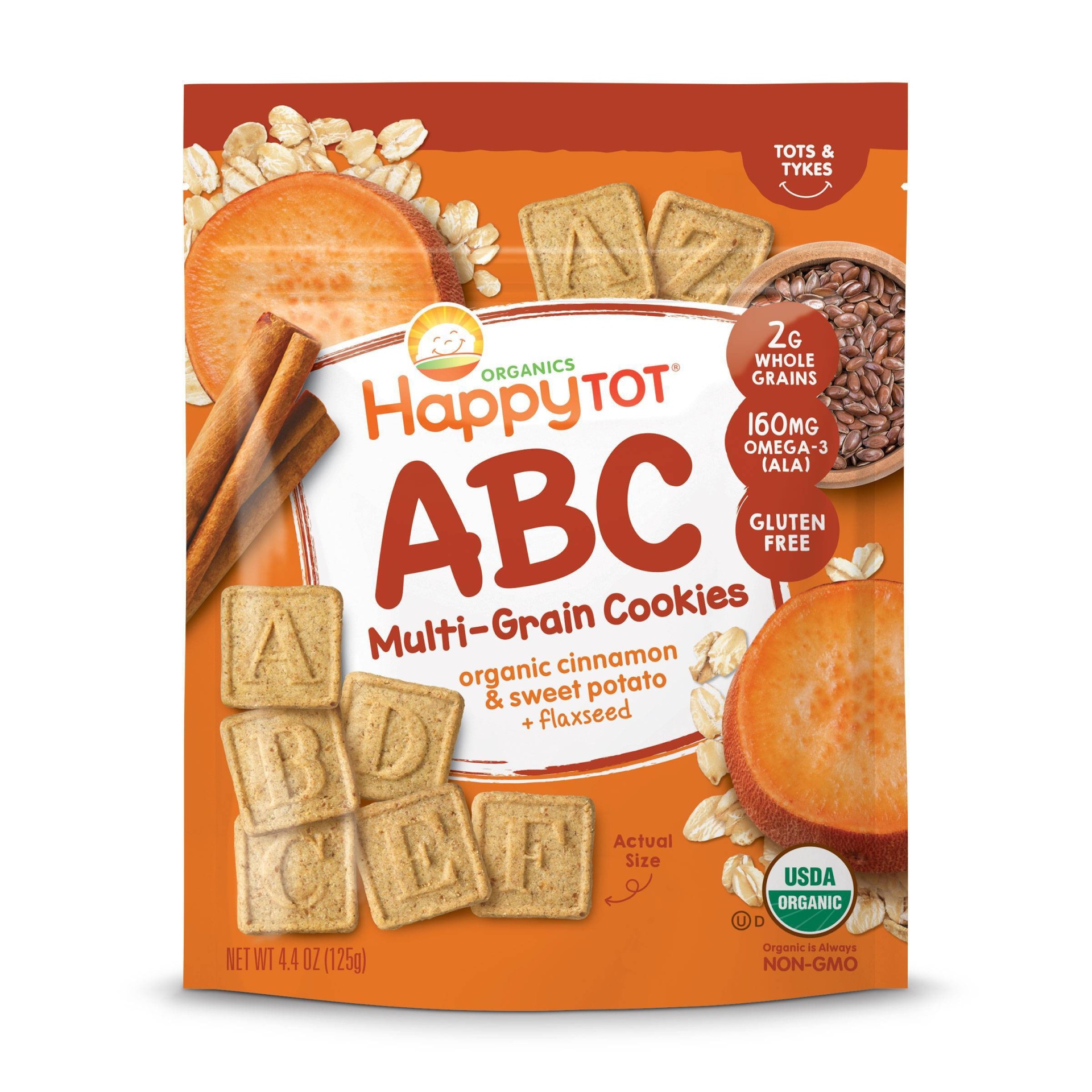 slide 1 of 4, HappyTot ABC Organic Cinnamon & Sweet Potato with Flaxseed Multi-Grain Cookies Baby Snacks - 4.4oz, 4.4 oz