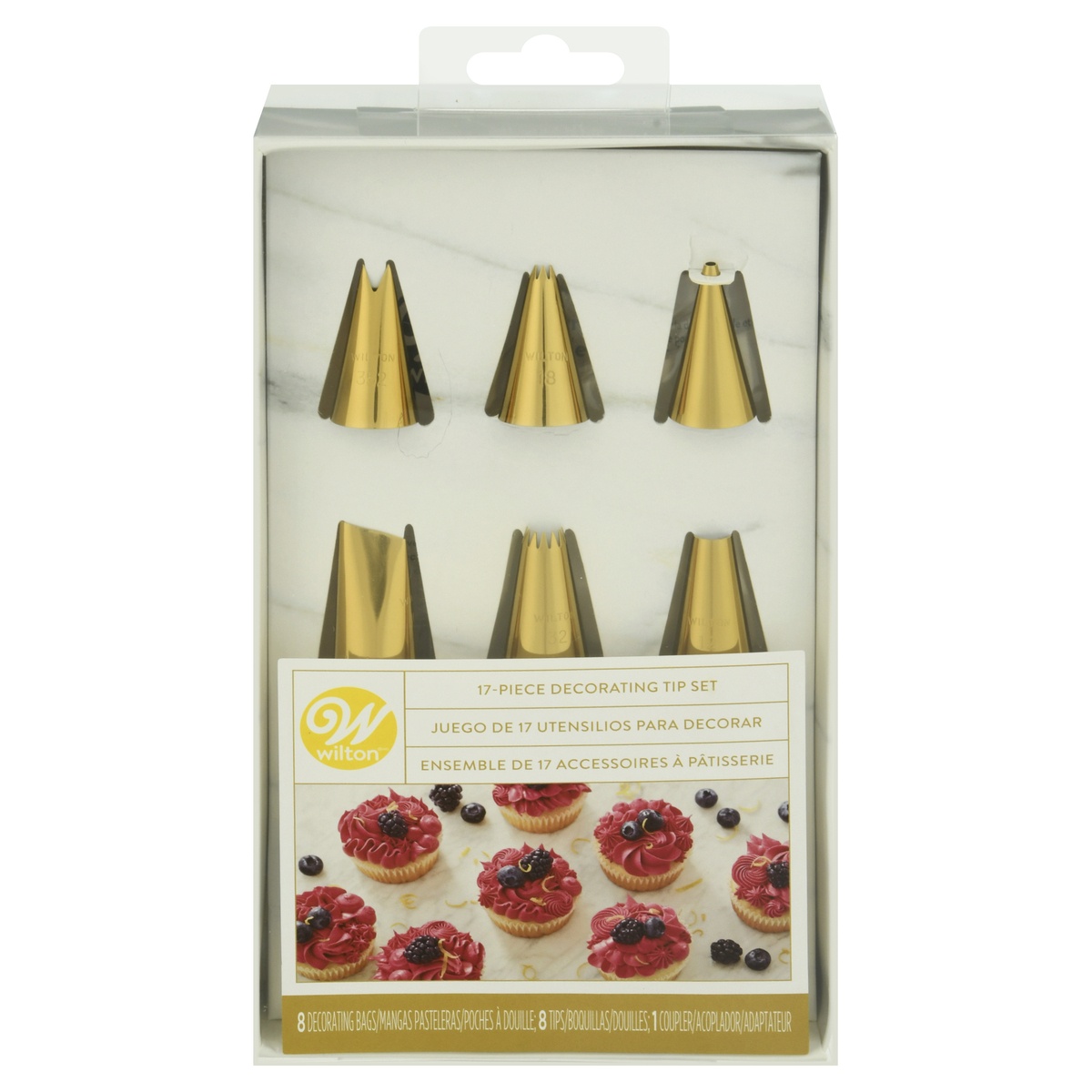 slide 1 of 8, Wilton Navy Blue & Gold Cake Decorating Tip Set, 17 ct