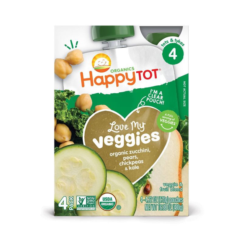 slide 1 of 4, HappyTot Love My Veggies 4pk Organic Zucchini Pears Chickpeas & Kale - 16.88oz, 4 ct, 16.88 oz
