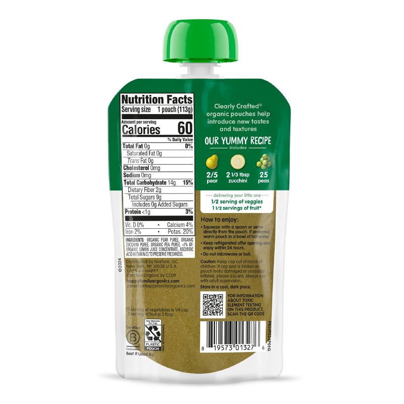 slide 2 of 8, Happy Baby Organics Clearly Crafted Stage 2 Pears, Zucchini & Peas - 4oz, 4 oz