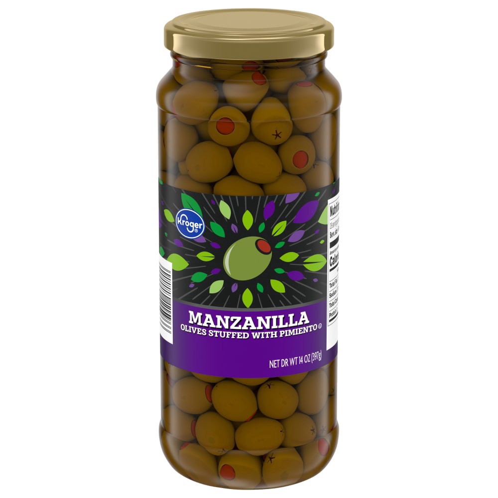 slide 2 of 3, Kroger Pimiento Stuffed Green Manzanilla Olives, 14 oz