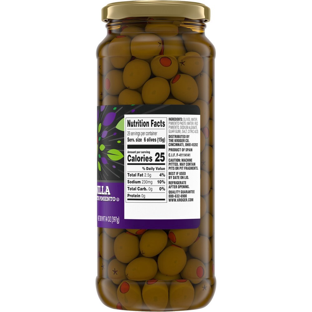 slide 3 of 3, Kroger Pimiento Stuffed Green Manzanilla Olives, 14 oz