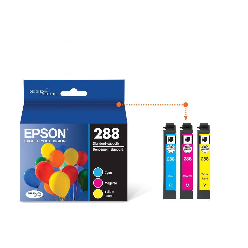 slide 2 of 7, Epson 288 C/M/Y 3pk Ink Cartridges - Cyan, Magenta, Yellow (T288520-CP), 3 ct