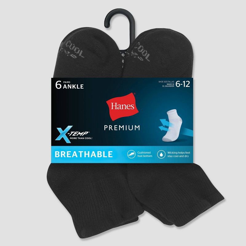 slide 3 of 3, Hanes Premium Men's X-Temp Breathable Ankle Socks 6pk - Black 6-12, 6 ct