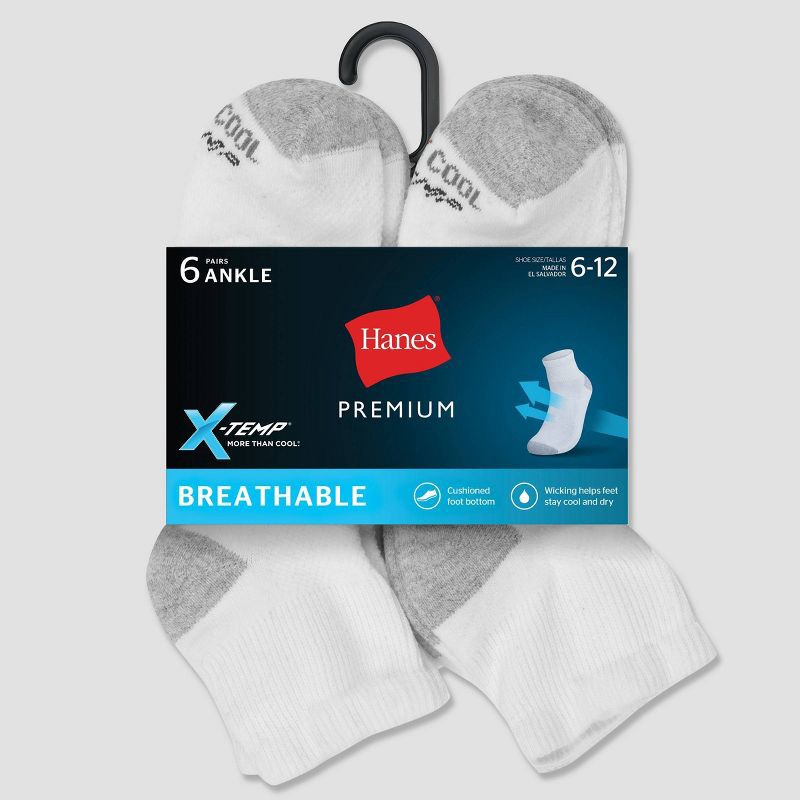 slide 3 of 3, Hanes Premium Men's X-Temp Breathable Ankle Socks 6pk - White 6-12, 6 ct
