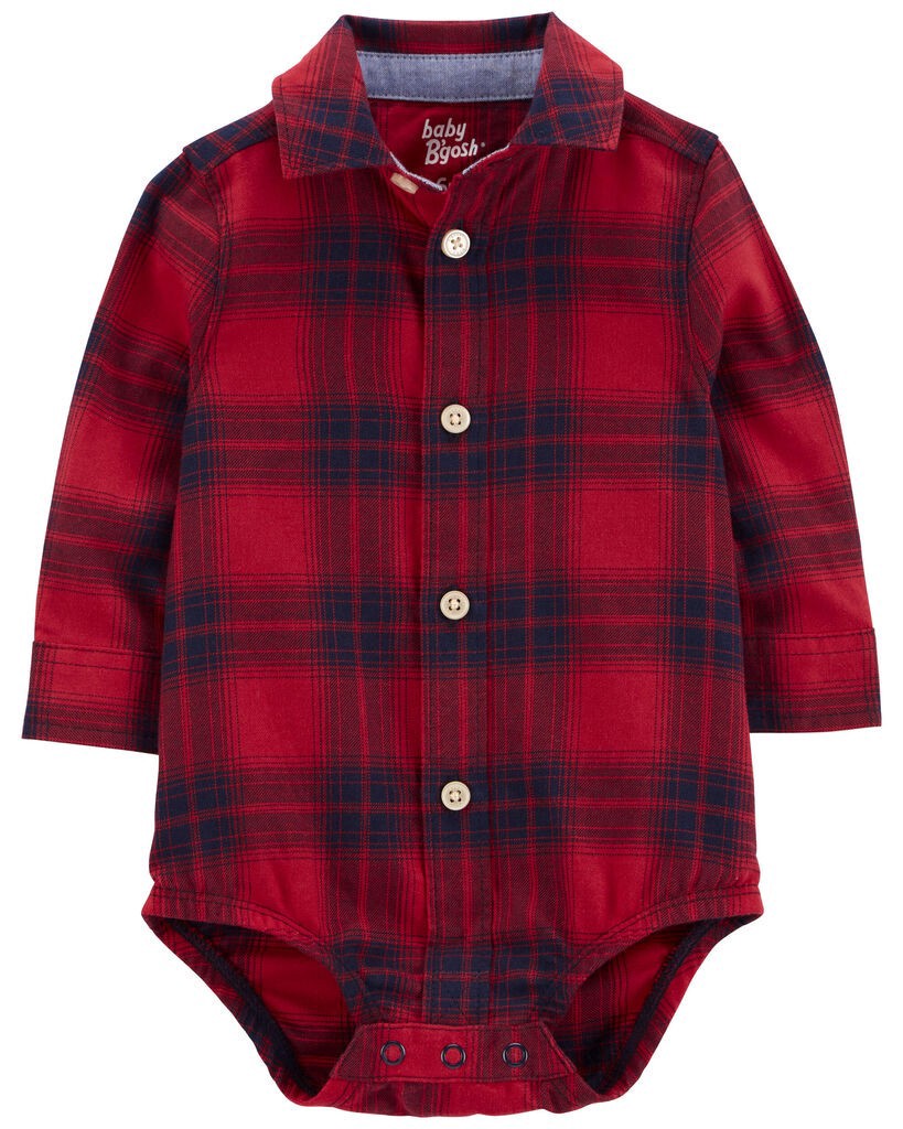 slide 3 of 3, Oshkosh Baby Plaid Button-Front Bodysuit Red 9M, 1 ct