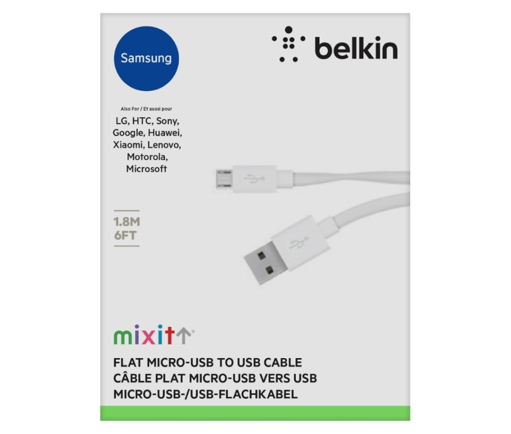 slide 2 of 2, Belkin Flat Micro-USB Cable, White, 6 ft