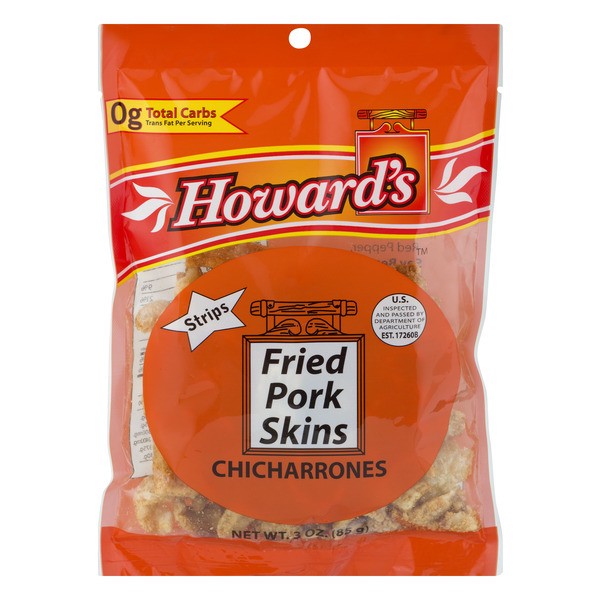 slide 1 of 1, Howard's Fried Pork Skins Strips, 3 oz