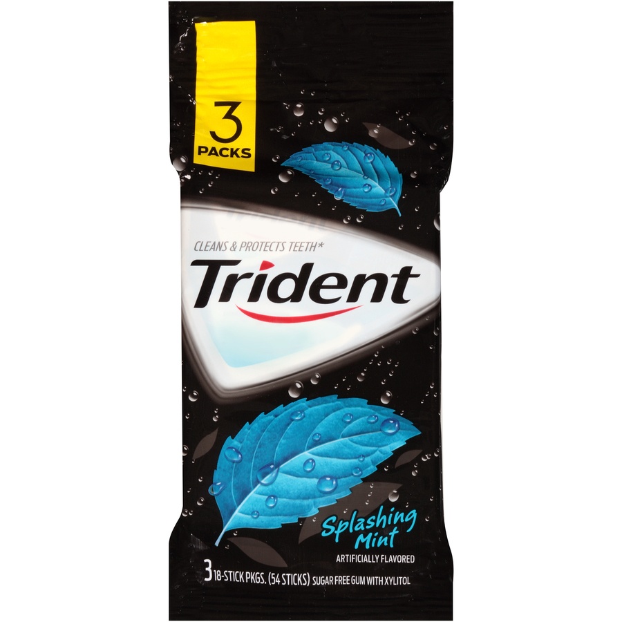 slide 1 of 6, Trident Splashing Mint Sugar Free Gum With Xylitol S, 54 ct; 3-18 stick pk