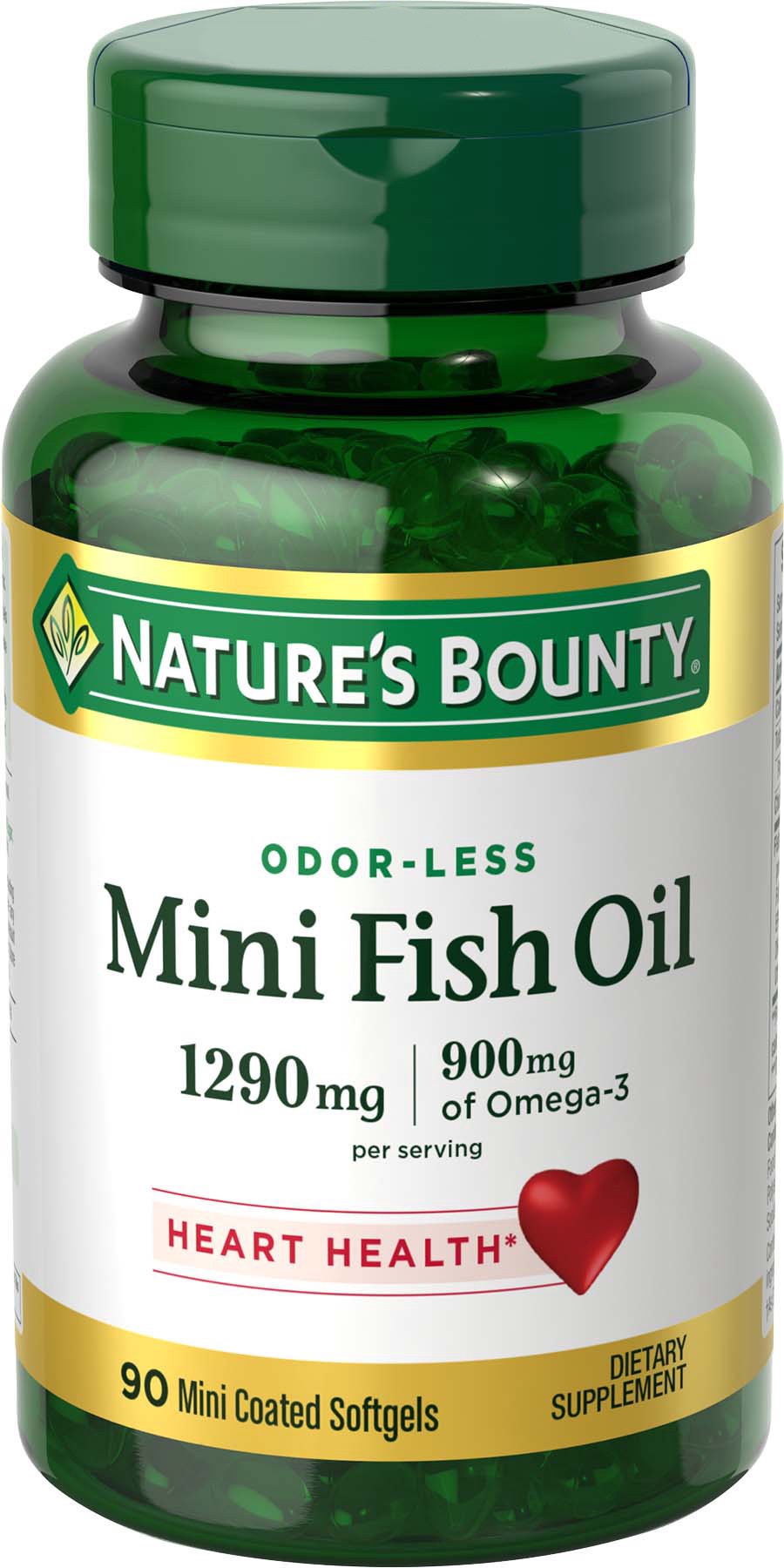 slide 1 of 9, Nature's Bounty Mini Fish Oil Odorless Supports Heart Health Softgels, 1290 Mg, 90 ct