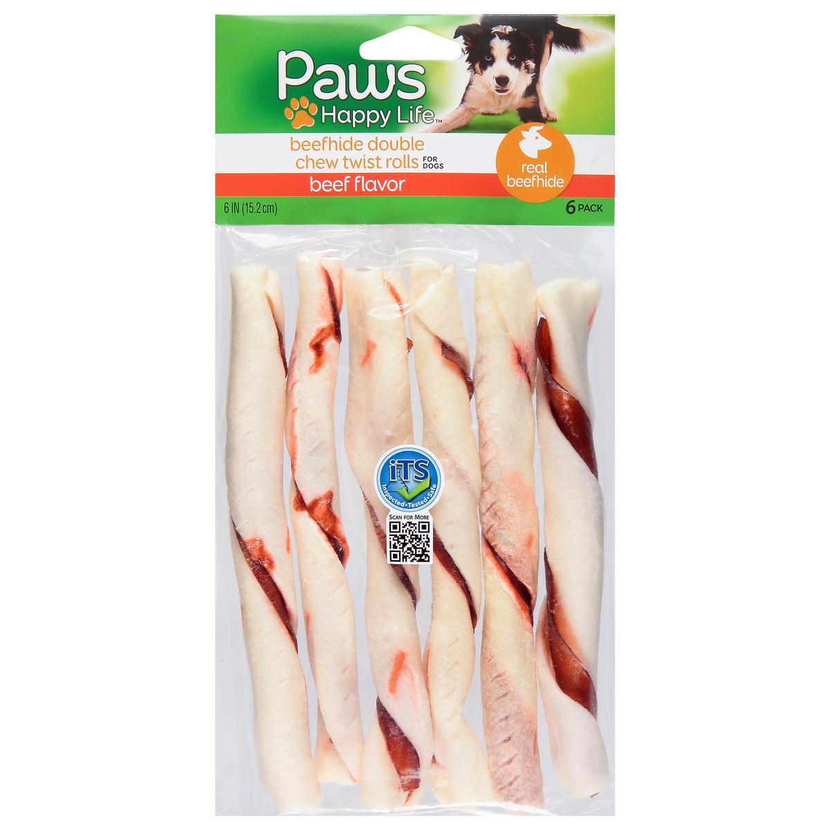 slide 1 of 1, Paws Happy Life Beef Flavor Beefhide Double Chew Twist Rolls For Dogs, 6 ct