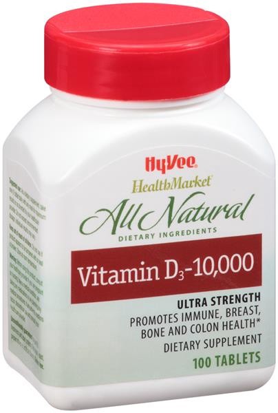 slide 1 of 1, Hy-Vee HealthMarket Dietary Supplement Vitamin D3-10,000 Iu Tablets, 100 ct