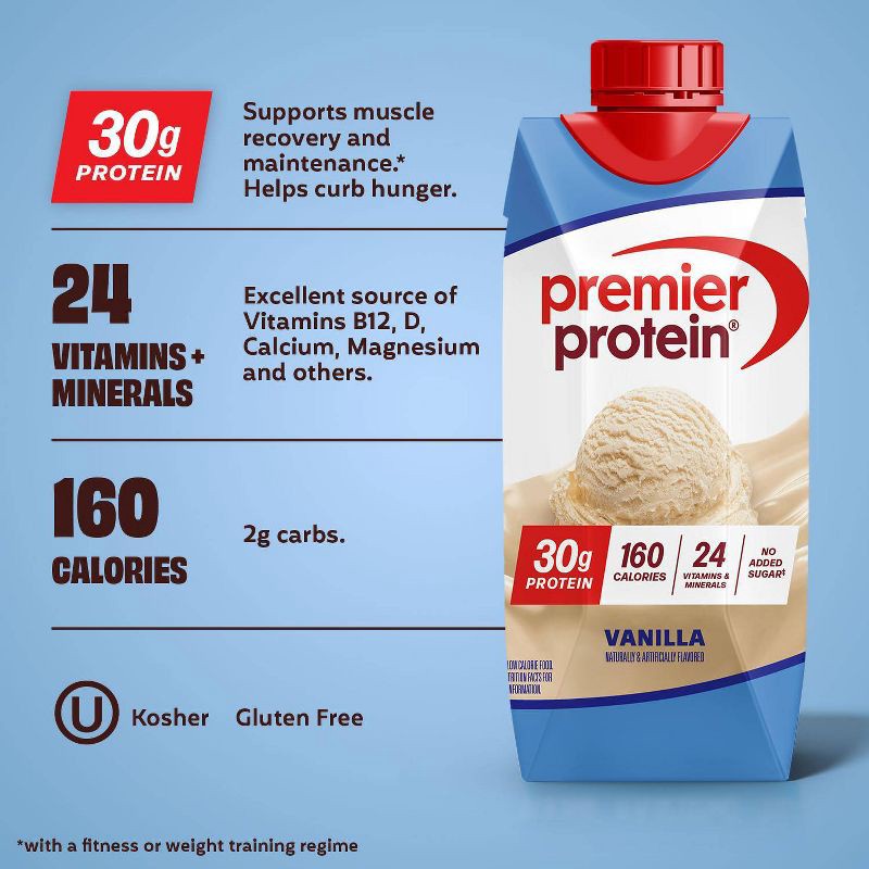 slide 3 of 9, Premier Protein Nutritional Shake Vanilla Non-Caffeinated Whey Protein - 11 fl oz/4pk, 4 ct; 11 fl oz