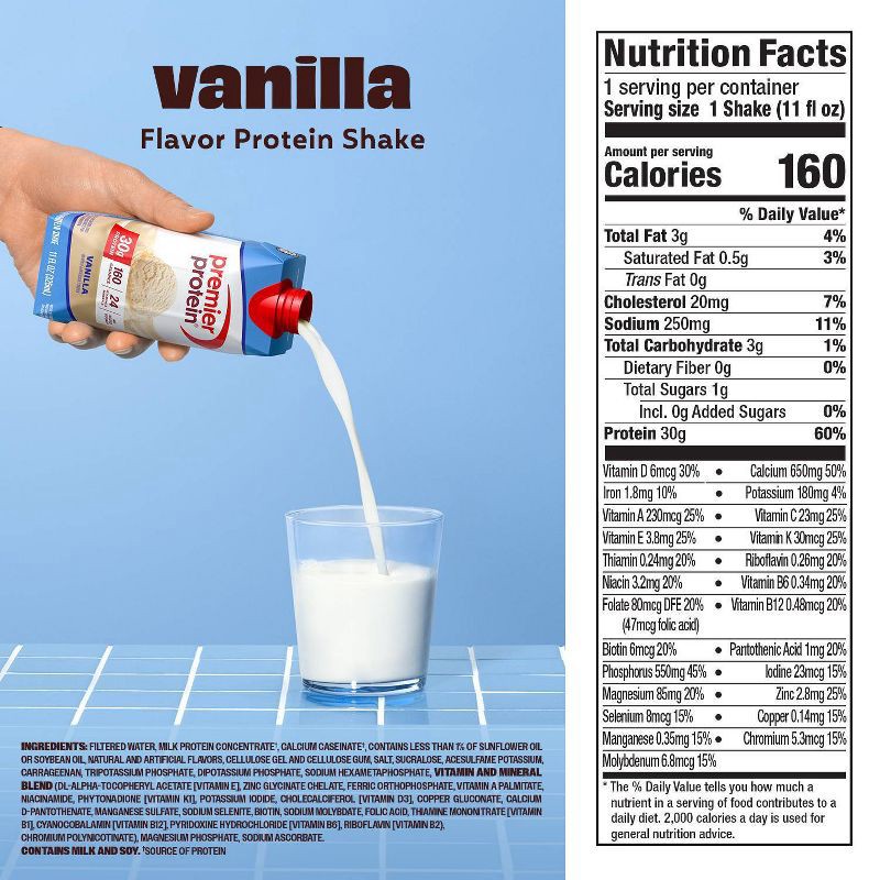 slide 9 of 9, Premier Protein Nutritional Shake Vanilla Non-Caffeinated Whey Protein - 11 fl oz/4pk, 4 ct; 11 fl oz