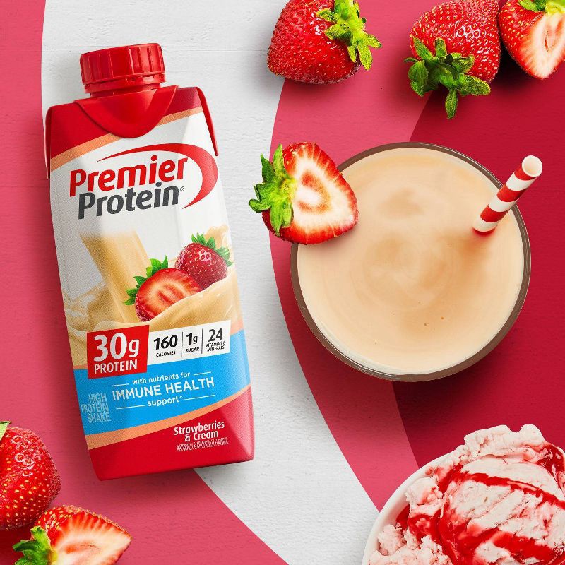 slide 2 of 6, Premier Protein Nutritional Shake Strawberries & Cream Non-Caffeinated Whey Protein - 11 fl oz/4pk, 4 ct; 11 fl oz