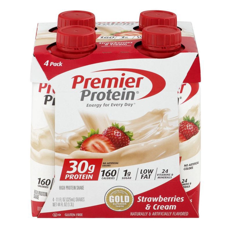 slide 3 of 6, Premier Protein Nutritional Shake Strawberries & Cream Non-Caffeinated Whey Protein - 11 fl oz/4pk, 4 ct; 11 fl oz