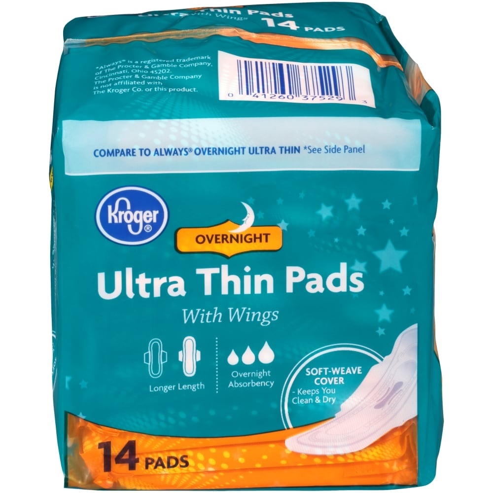 slide 1 of 1, Kroger Ultra Thin Overnight With Wings Pads, 14 ct