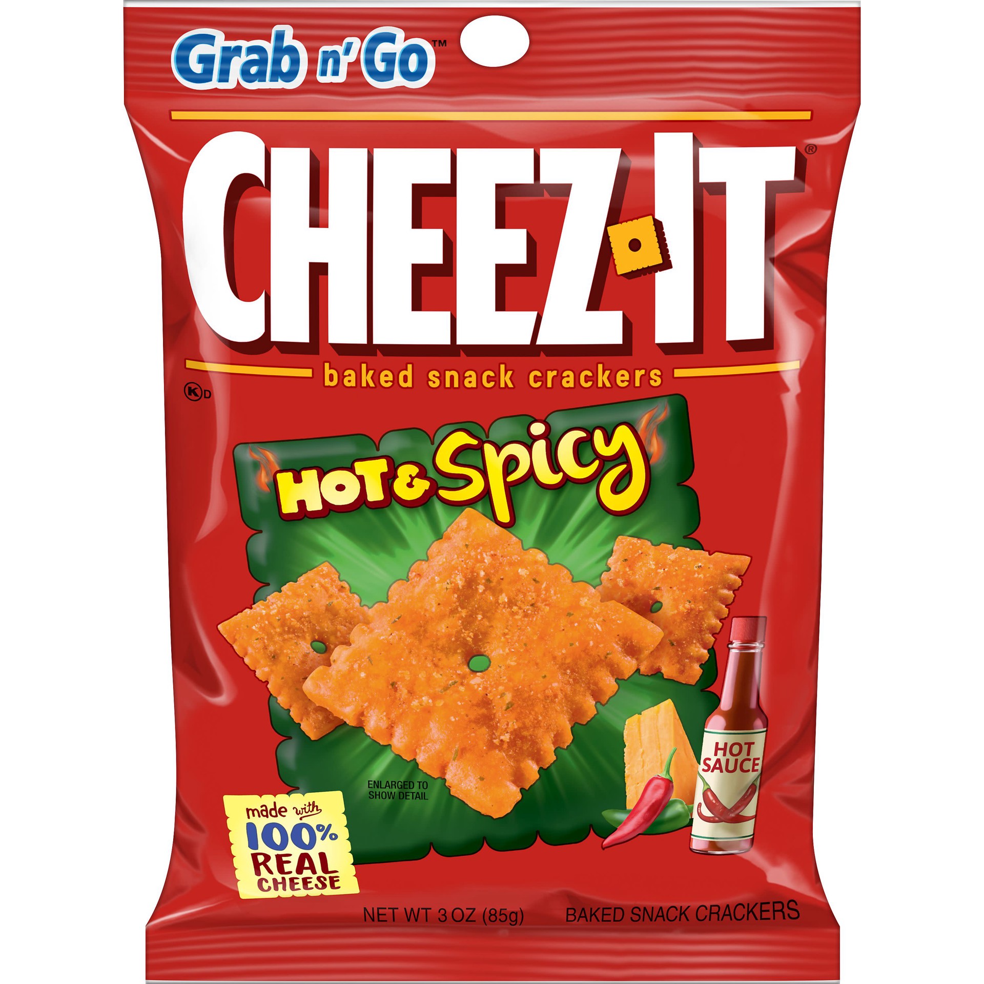 slide 1 of 5, Cheez-It Cheese Crackers, Baked Snack Crackers, Office and Kids Snacks, Hot and Spicy, 3oz Bag, 1 Bag, 3 oz