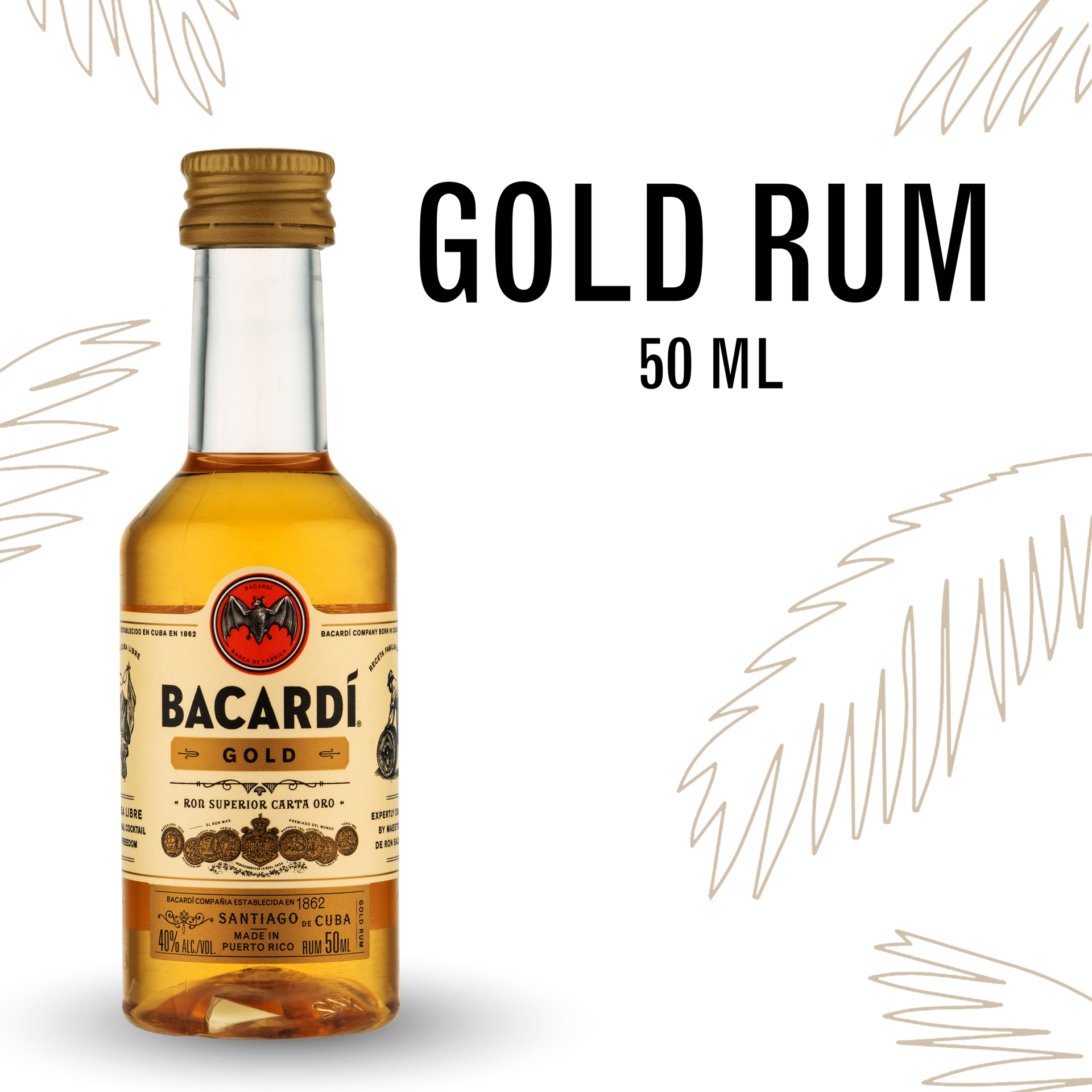 slide 1 of 3, Bacardí Bacardi Gold Rum, Gluten Free 40% 5Cl/50Ml, 50 ml