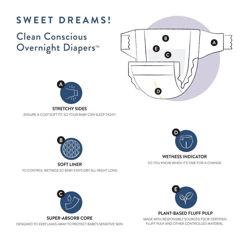 slide 4 of 8, The Honest Company Clean Conscious Disposable Overnight Diapers Cozy Cloud + Star Signs - Size 3 - 52ct, 3 x 52 ct