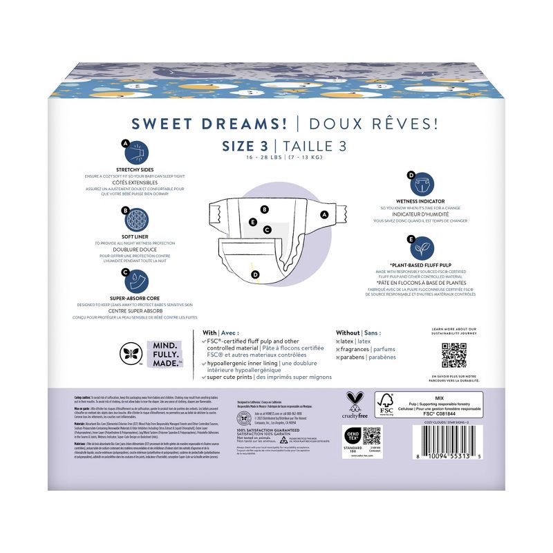 slide 7 of 8, The Honest Company Clean Conscious Disposable Overnight Diapers Cozy Cloud + Star Signs - Size 3 - 52ct, 3 x 52 ct