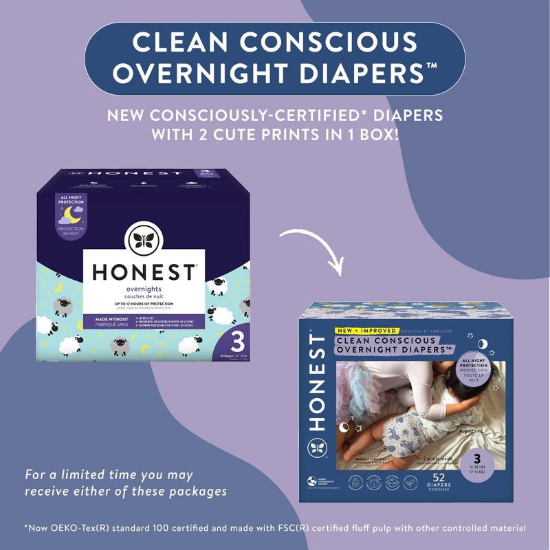 slide 8 of 8, The Honest Company Clean Conscious Disposable Overnight Diapers Cozy Cloud + Star Signs - Size 3 - 52ct, 3 x 52 ct