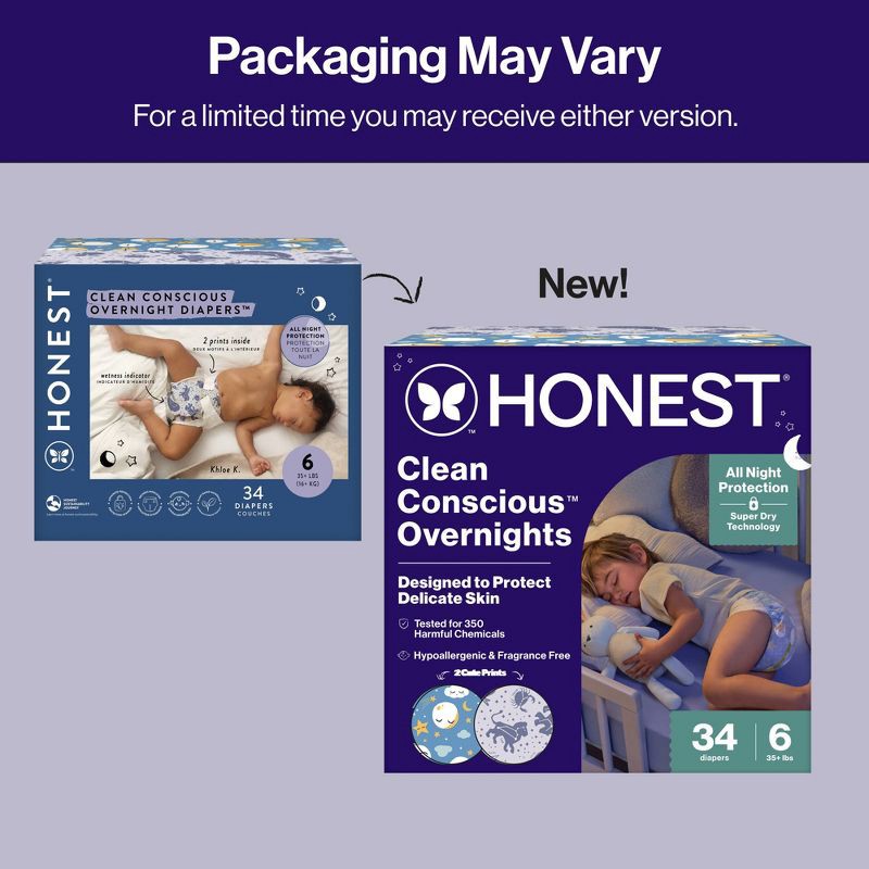 slide 3 of 10, The Honest Company Clean Conscious Disposable Overnight Diapers Cozy Cloud + Star Signs - Size 6 - 34ct, 6 x 34 ct