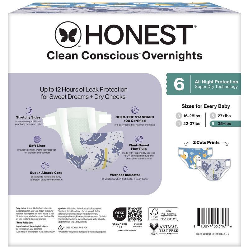slide 10 of 10, The Honest Company Clean Conscious Disposable Overnight Diapers Cozy Cloud + Star Signs - Size 6 - 34ct, 6 x 34 ct