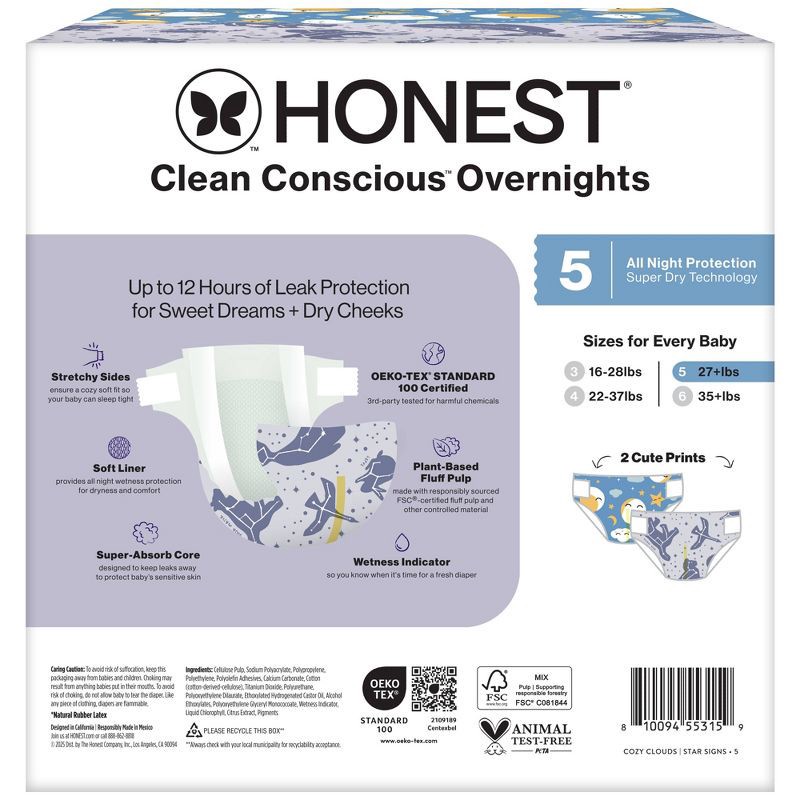 slide 9 of 9, The Honest Company Clean Conscious Overnight Diapers Cozy Cloud + Star Signs - Size 5 - 40ct, 5 x 40 ct